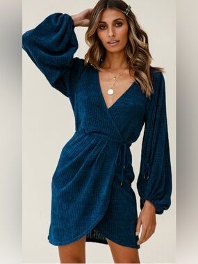 Make Way Balloon Sleeve Wrap Dress Teal Size Large Knit